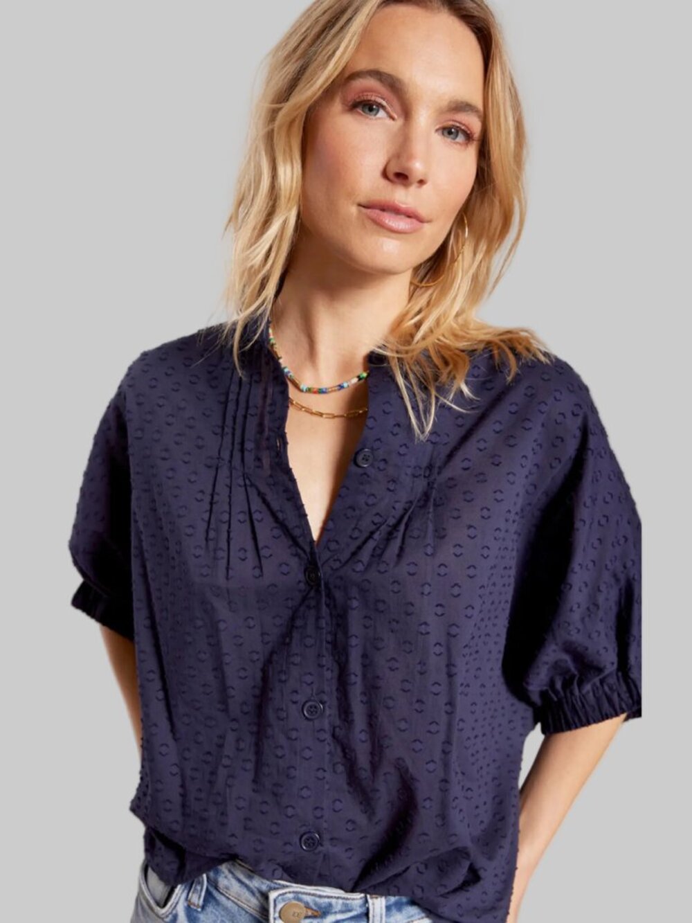 Emerson Fry navy swiss dot organic cotton blouse, one size fits most